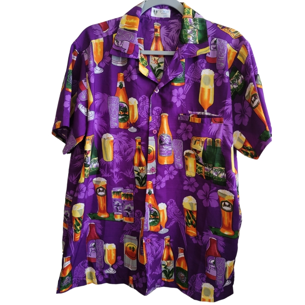 V.H.O. Funky Hawaiian Drinks Short Sleeve Casual Shirt, Purple, Size Large NWOT